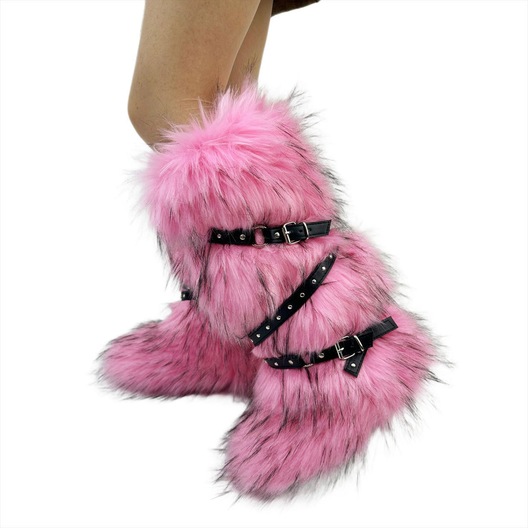 Womens Faux Fur Boot Winter Fluffy Long Furry Boots for Girls Outdoor Fuzzy Knee-High Sexy Snow Boots with Cross Straps and Buckle