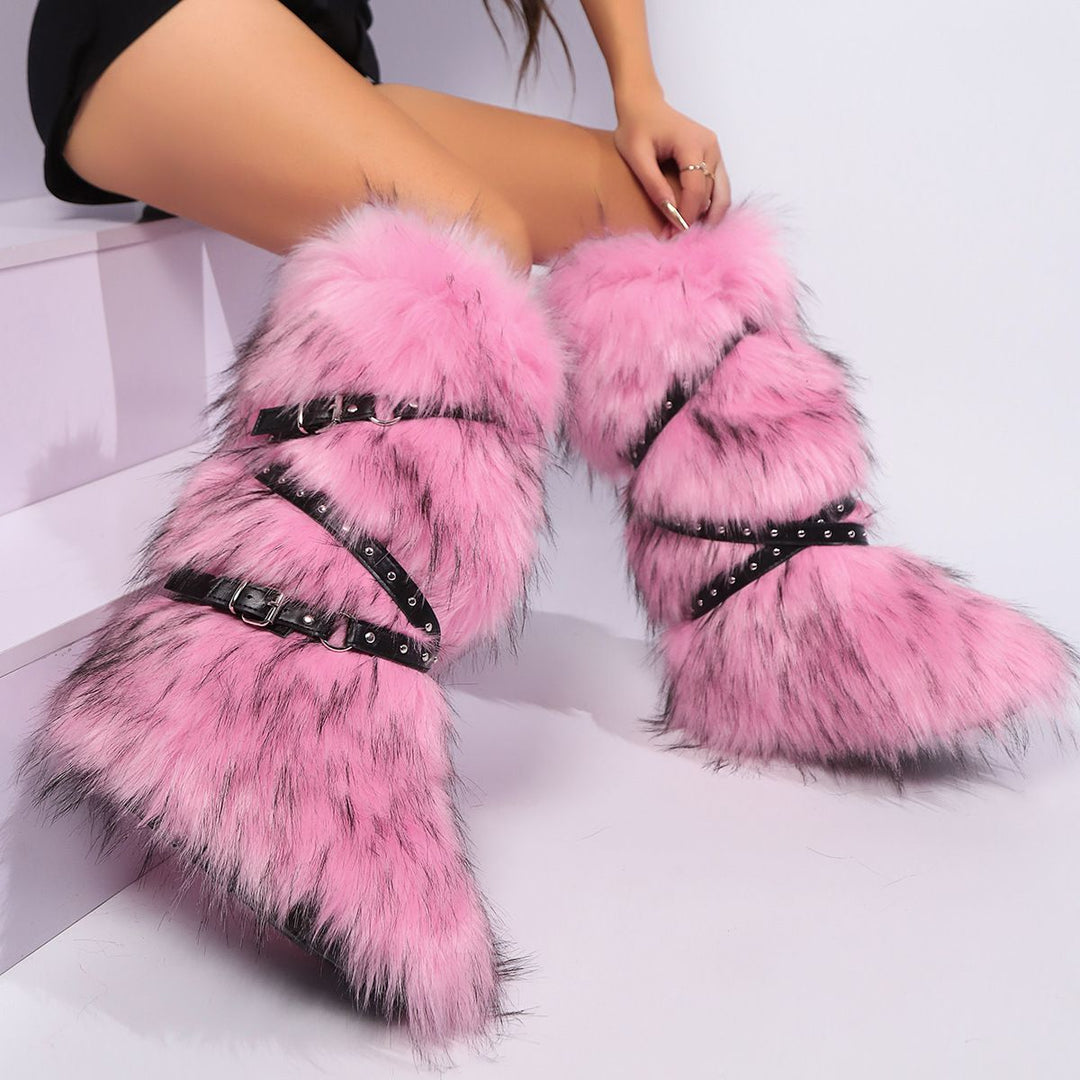 Womens Faux Fur Boot Winter Fluffy Long Furry Boots for Girls Outdoor Fuzzy Knee-High Sexy Snow Boots with Cross Straps and Buckle