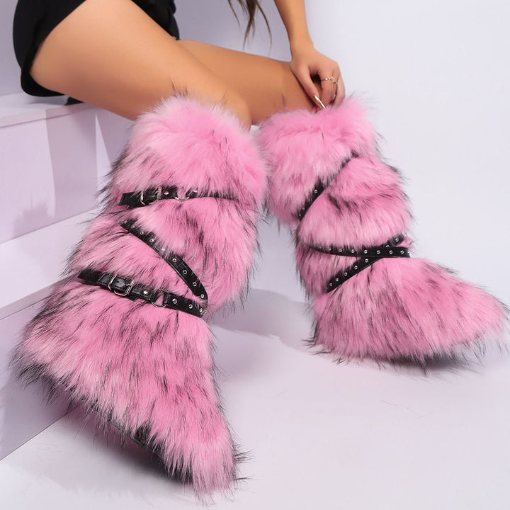 Womens Faux Fur Boot Winter Fluffy Long Furry Boots for Girls Outdoor Fuzzy Knee-High Sexy Snow Boots with Cross Straps and Buckle