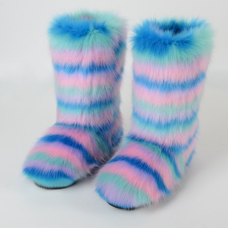 Vibrant Patchwork Faux Fur Boots Women Colorful Winter Furry Snow Boots Footwear