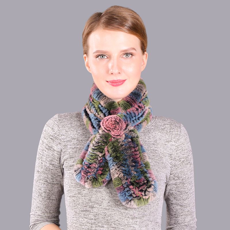Soft Rabbit Fur Winter Wrap Scarf Stole with Rose Decoration