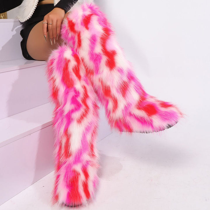 Womens Faux Fur Boot Winter Fluffy Long Furry Boots for Girls Outdoor Fuzzy Knee-High Boots