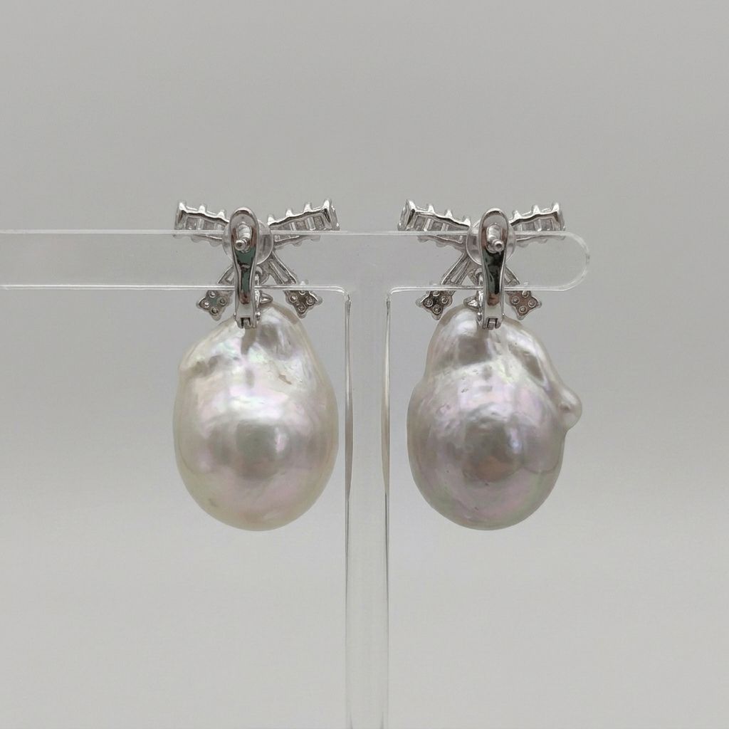 Large Baroque Pearl Ribbon Earrings Handmade Freshwater Pearl Jewelry for Bridal