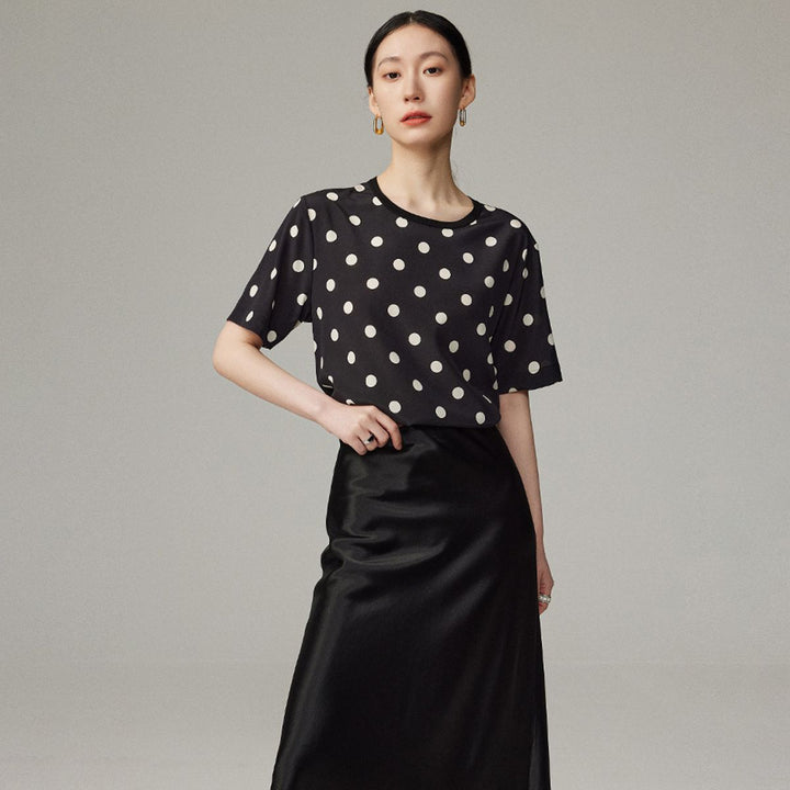 Women’s Polka Dot Short Sleeve Crew Neck Mulberry Silk Shirt Top