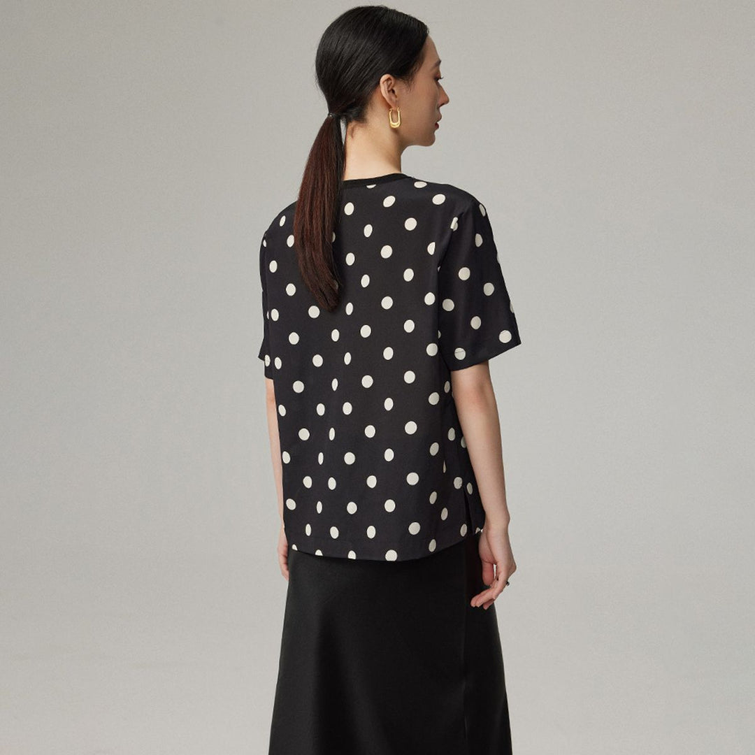 Women’s Polka Dot Short Sleeve Crew Neck Mulberry Silk Shirt Top