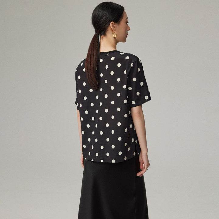 Women’s Polka Dot Short Sleeve Crew Neck Mulberry Silk Shirt Top