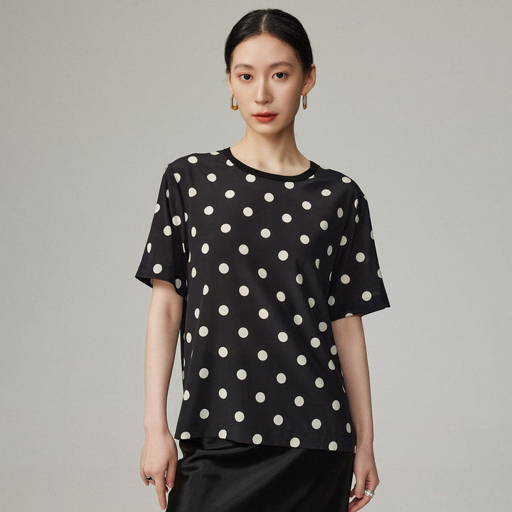 Women’s Polka Dot Short Sleeve Crew Neck Mulberry Silk Shirt Top
