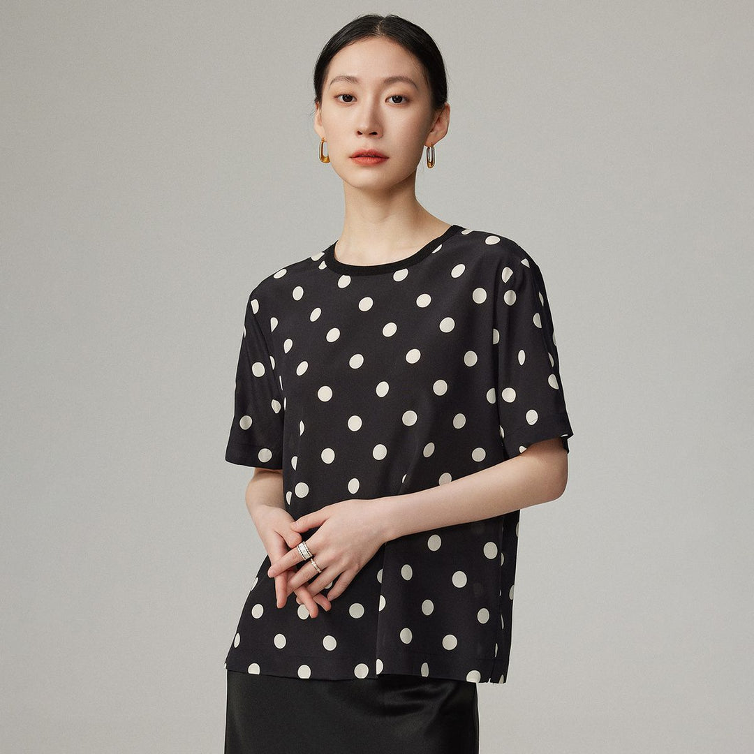 Women’s Polka Dot Short Sleeve Crew Neck Mulberry Silk Shirt Top
