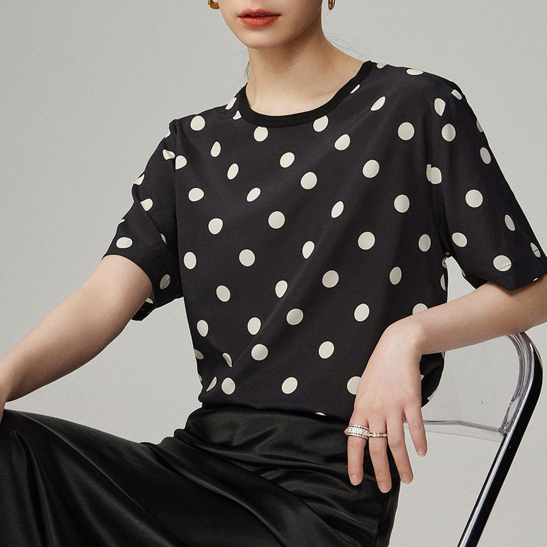 Women’s Polka Dot Short Sleeve Crew Neck Mulberry Silk Shirt Top