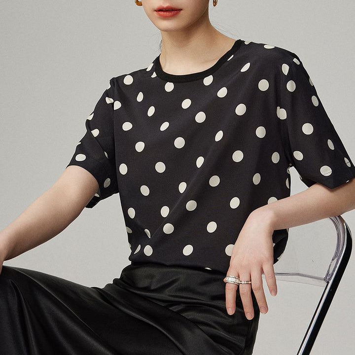 Women’s Polka Dot Short Sleeve Crew Neck Mulberry Silk Shirt Top