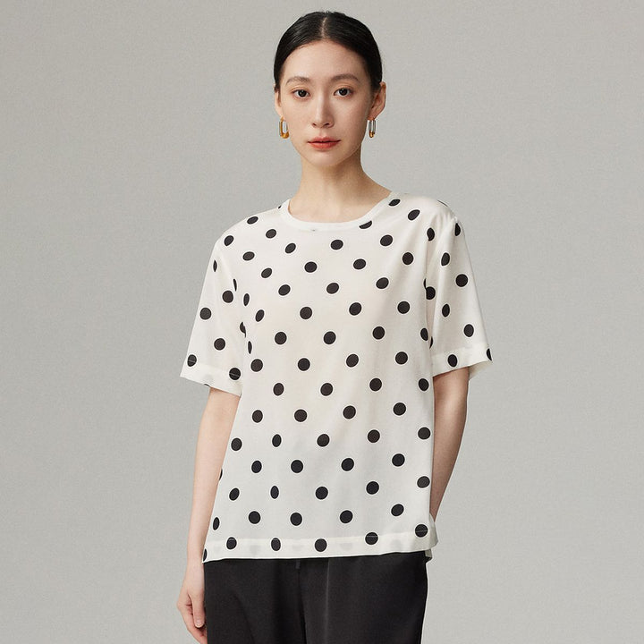 Women’s Polka Dot Short Sleeve Crew Neck Mulberry Silk Shirt Top
