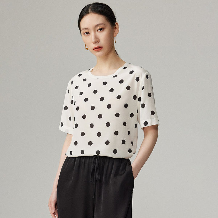 Women’s Polka Dot Short Sleeve Crew Neck Mulberry Silk Shirt Top