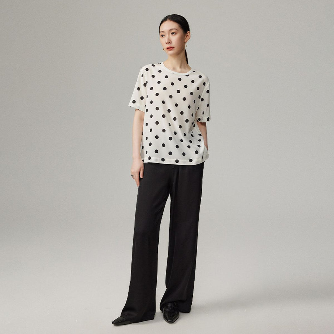 Women’s Polka Dot Short Sleeve Crew Neck Mulberry Silk Shirt Top