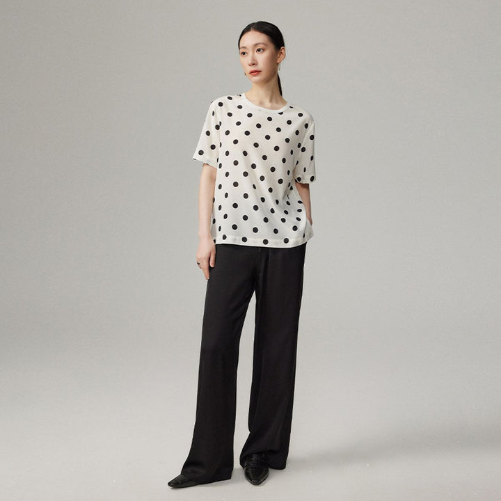 Women’s Polka Dot Short Sleeve Crew Neck Mulberry Silk Shirt Top