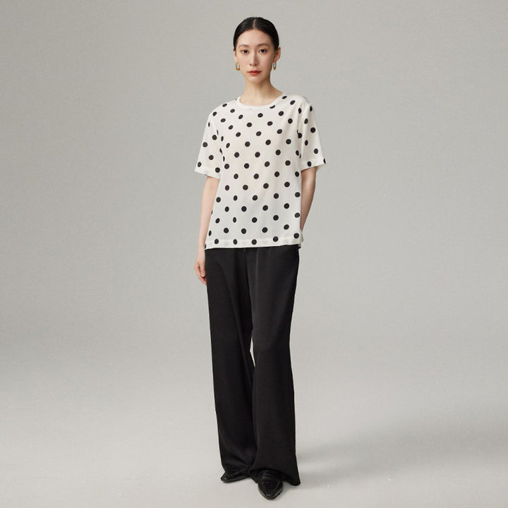 Women’s Polka Dot Short Sleeve Crew Neck Mulberry Silk Shirt Top