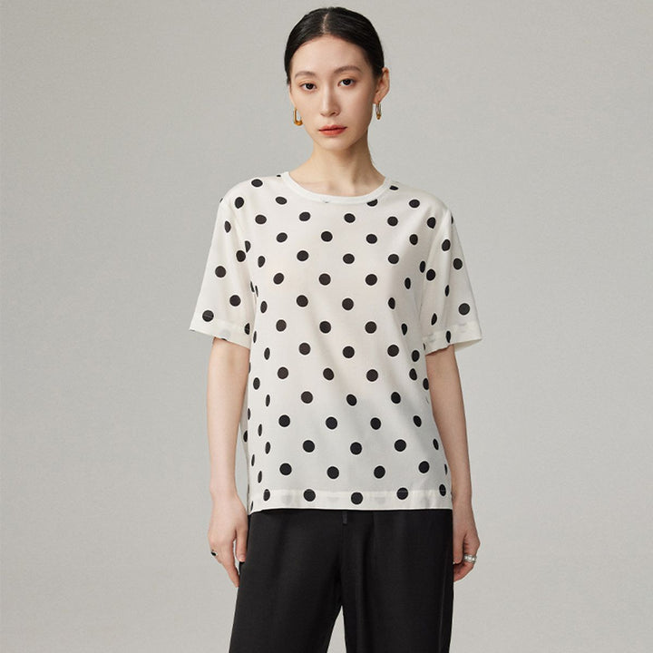 Women’s Polka Dot Short Sleeve Crew Neck Mulberry Silk Shirt Top