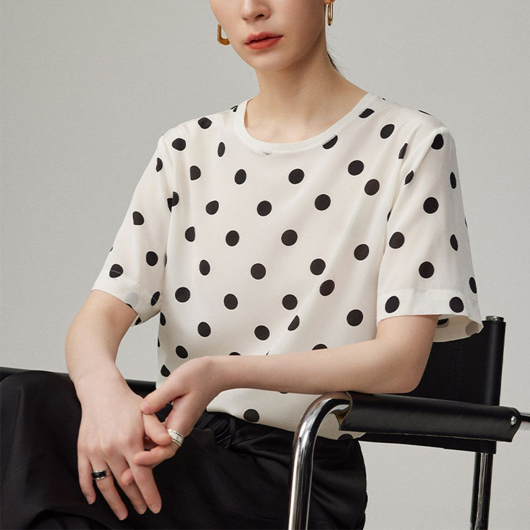 Women’s Polka Dot Short Sleeve Crew Neck Mulberry Silk Shirt Top