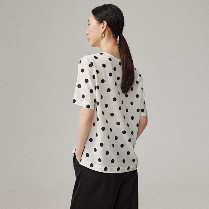 Women’s Polka Dot Short Sleeve Crew Neck Mulberry Silk Shirt Top