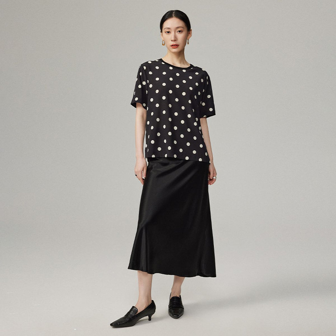 Women’s Polka Dot Short Sleeve Crew Neck Mulberry Silk Shirt Top