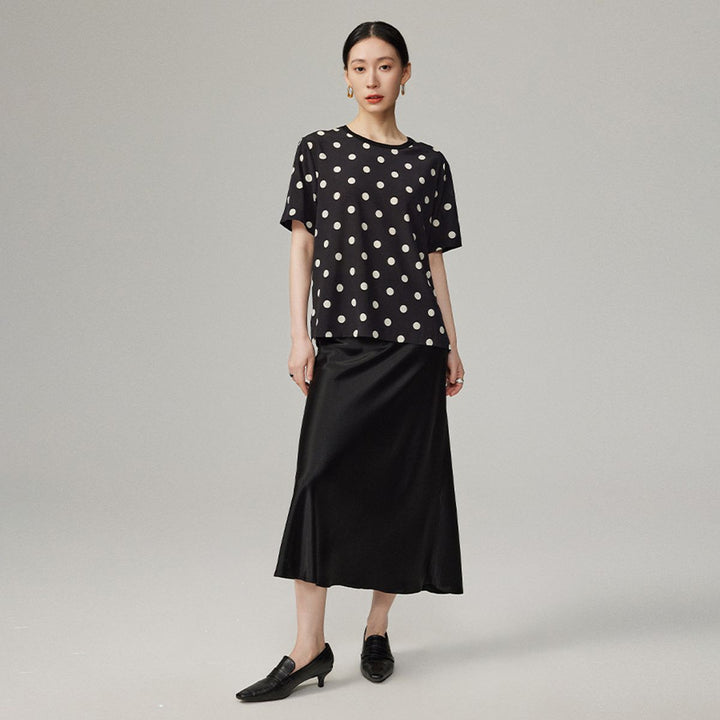 Women’s Polka Dot Short Sleeve Crew Neck Mulberry Silk Shirt Top