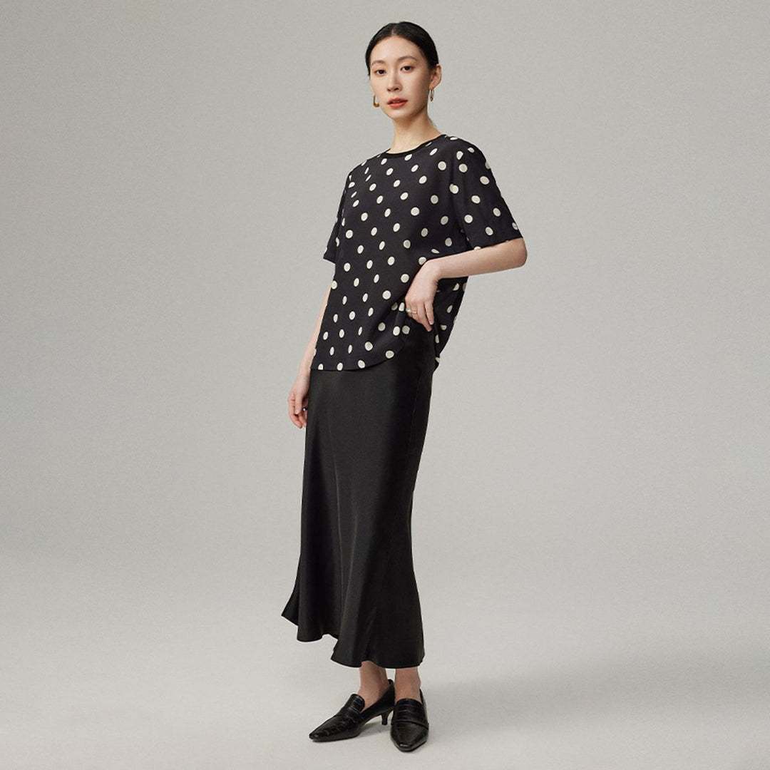 Women’s Polka Dot Short Sleeve Crew Neck Mulberry Silk Shirt Top