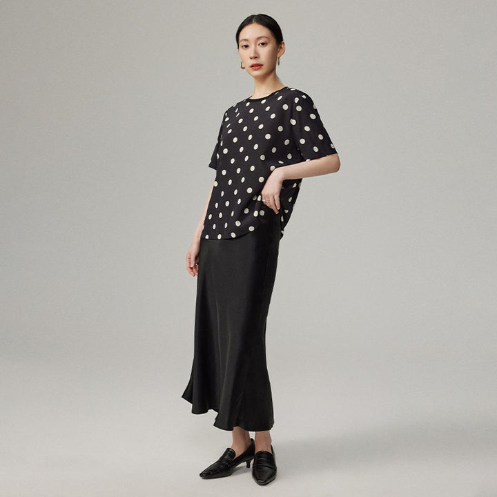 Women’s Polka Dot Short Sleeve Crew Neck Mulberry Silk Shirt Top