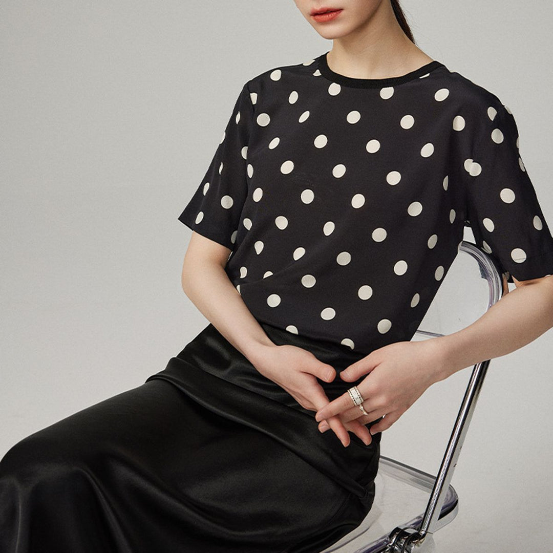 Women’s Polka Dot Short Sleeve Crew Neck Mulberry Silk Shirt Top