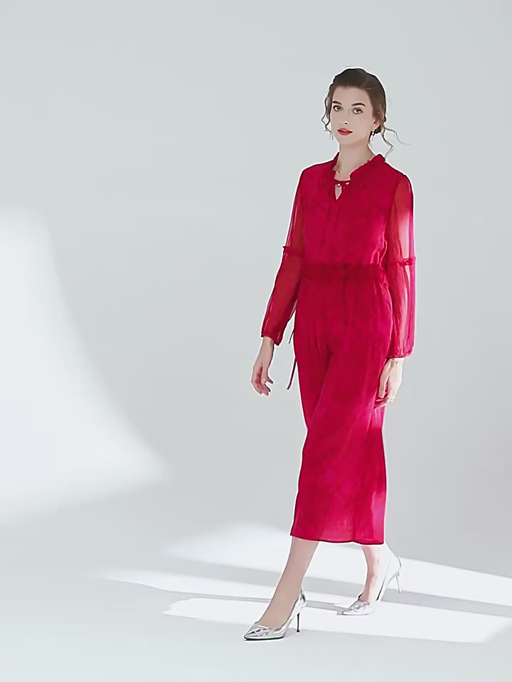 Red Long Sleeve Tie Neck Pure Mulberry Silk Long Dress SD065