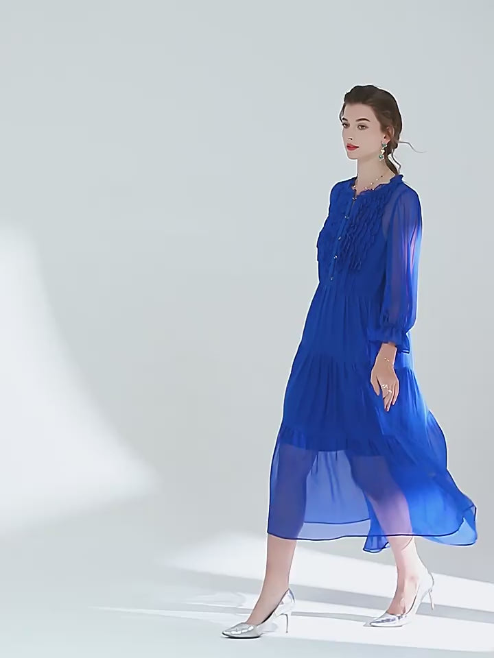 Royal Blue Empire Waist Semi-Sheer Pure Mulberry Silk Chiffon Dress SD053