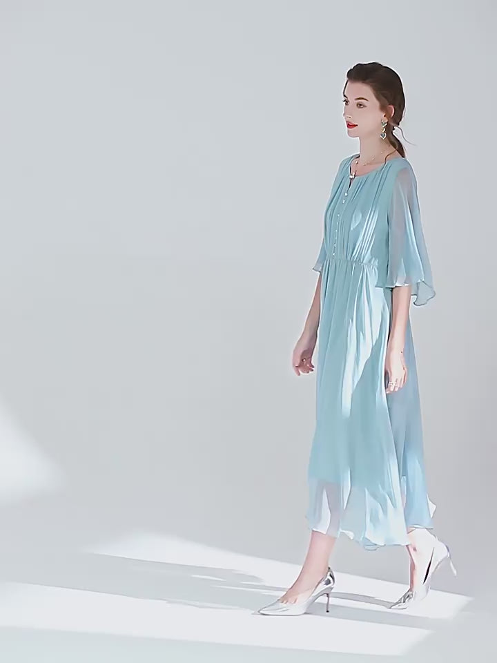 Aqua Blue Romantic Long Silk Ruffle Dress SD055