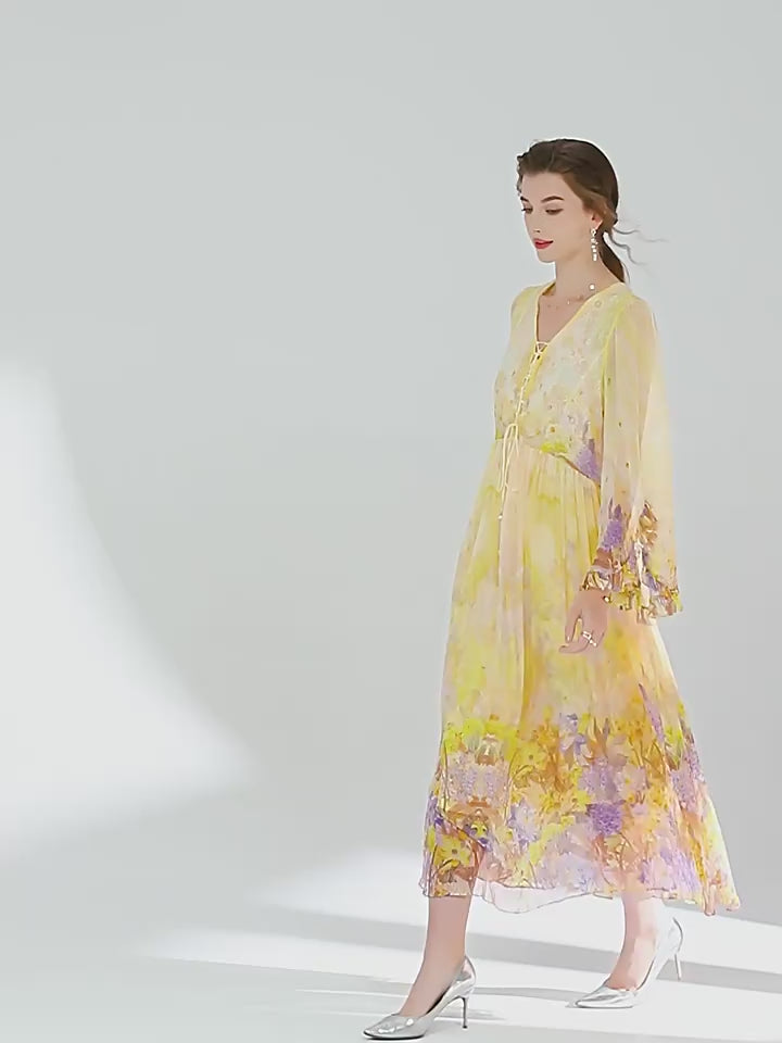 Romantic Yellow Purple Floral Long Maxi Mulberry Silk Dress SD069