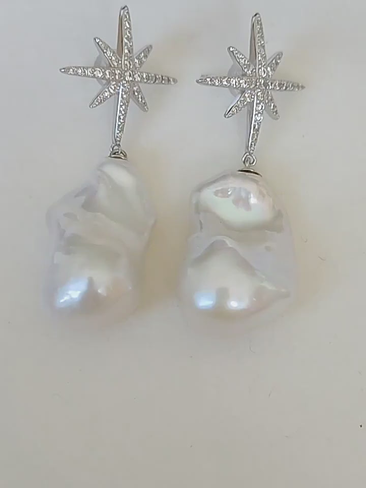 25mm Large Real Baroque Freshwater Pearl Drop Earrings with Starburst Crystal Studs