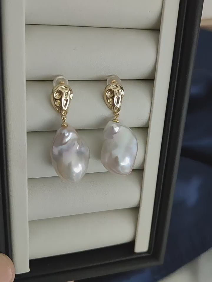 23mm Real Large Baroque Freshwater Pearl Drop Earrings Gold-Plated 925 Sterling Silver