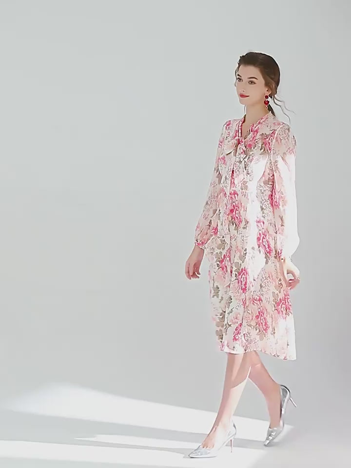 Graceful Beige Floral Tie Neck Long Sleeve Mulberry Silk Dress SD060