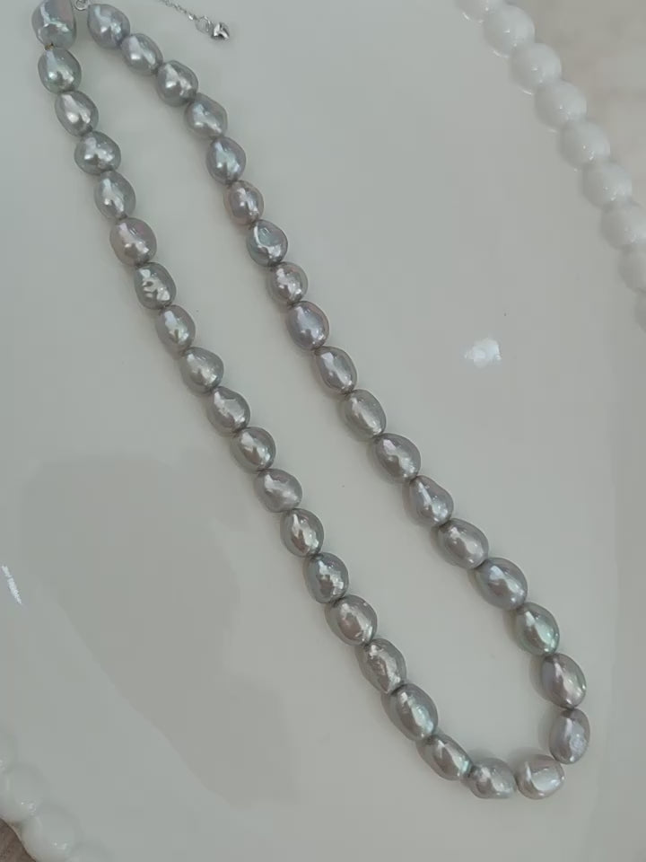 8–9mm Freshwater Baroque Pearl Necklace Silver Gray Oval Pearl Strand with Adjustable Silver Clasp