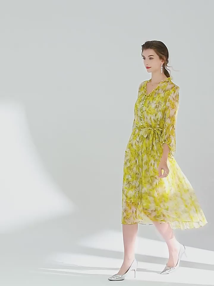 Yellow Floral Knee Length V Neck Mulberry Silk Beach Dress SD050