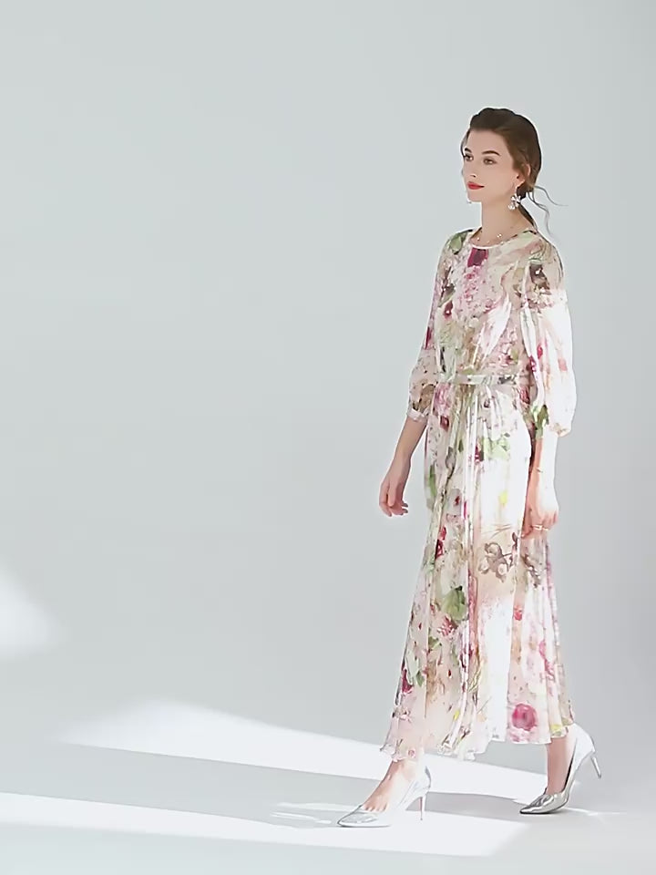 Elegant Long Floral Mulberry Silk Maxi Dress SD051