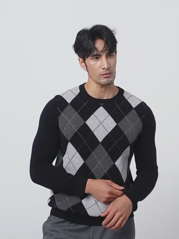 Men's Classic Argyle Knit 100% Cashmere Crewneck Pullover Sweater