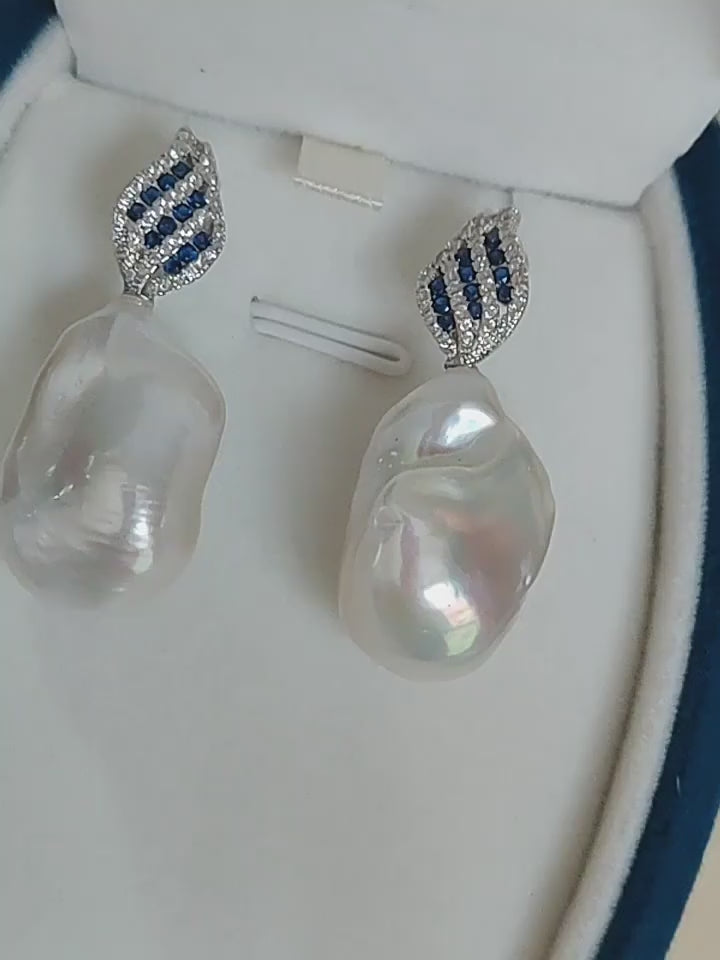 20mm Real Baroque Freshwater Pearl Drop Earrings with Blue Cubic Zirconia