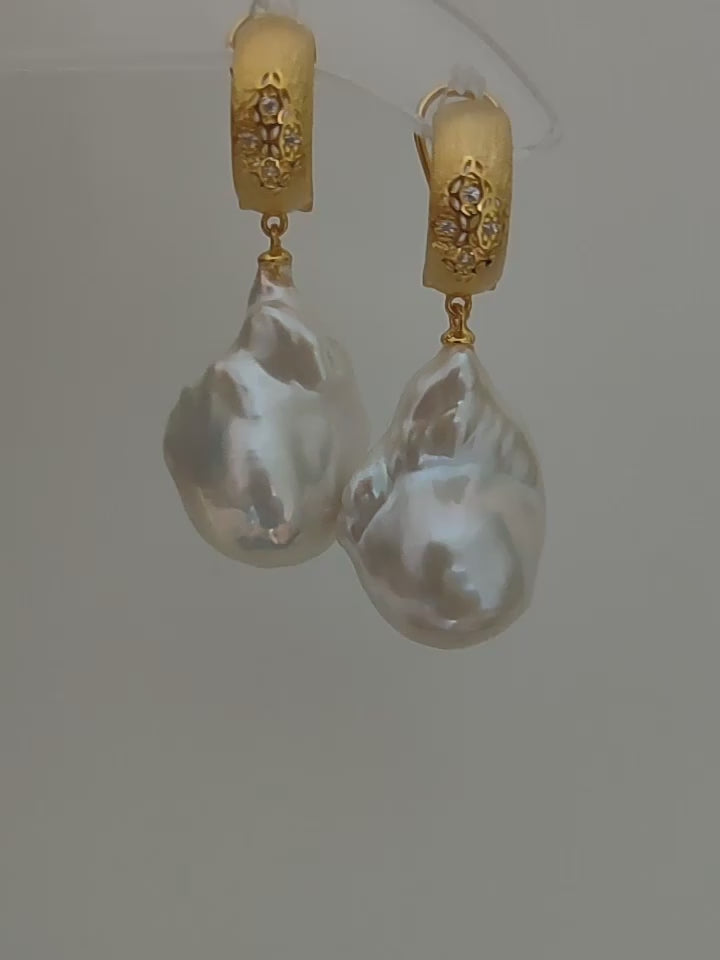 20mm Real Baroque Freshwater Pearl Drop Earrings with Textured Gold Studs
