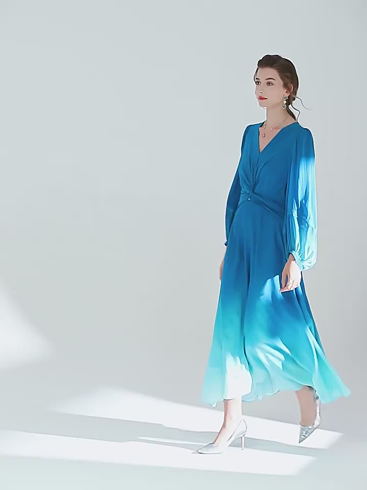 Blue Ombre Long Sleeve V Neck Luxury Long Mulberry Silk Dress SD061