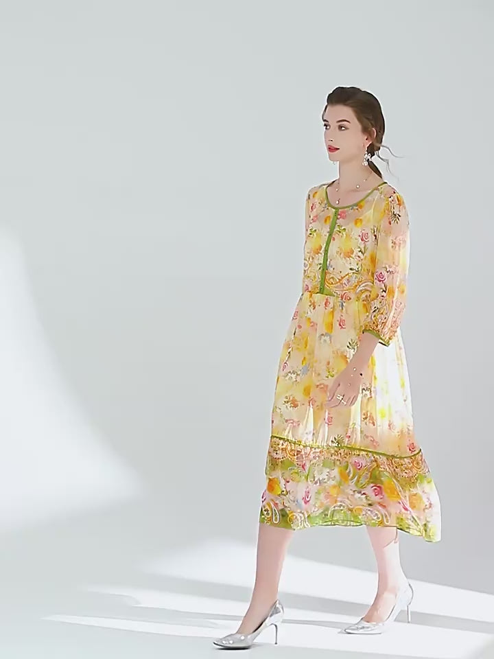 Semi-Sheer Yellow Floral Round Neck 3/4 Sleeve Silk Vacation Dress SD049