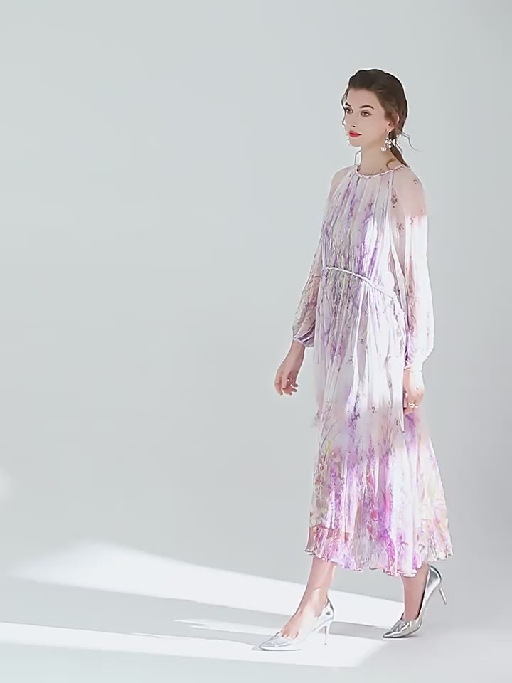 Delicate Purple Floral Semi-Sheer Long Sleeve Pure Mulberry Silk Dress SD058