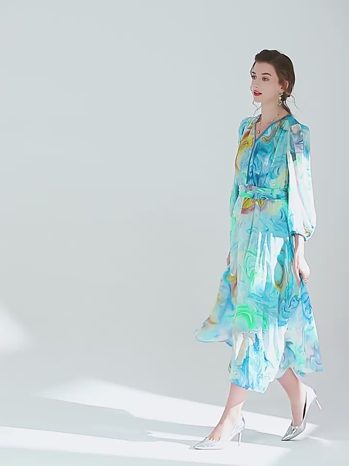 Blue Green Printed Summer V Neck Mulberry Silk Chiffon Dress SD048