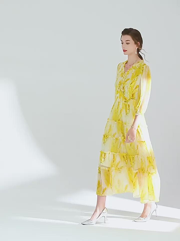 Yellow Floral V Neck Long Mulberry Silk Maxi Beach Dress SD052