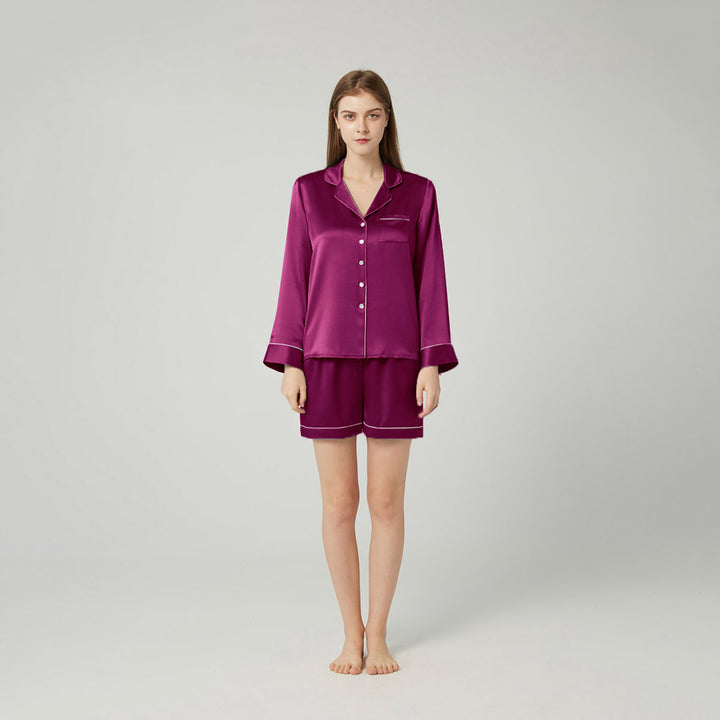 Double-Sided Silky Women Luxury Long Sleeve Silk Pajama Shorts Set LSP002