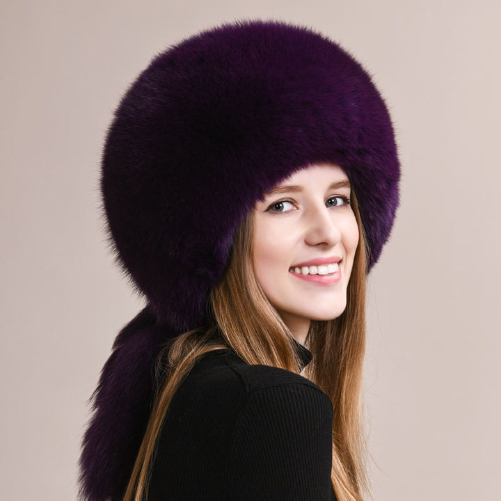 Soft Real Fox Fur Hat with Elegant Tails Women's Winter Fashion Cozy Full-Pelt Fur Beanie for Cold Weather