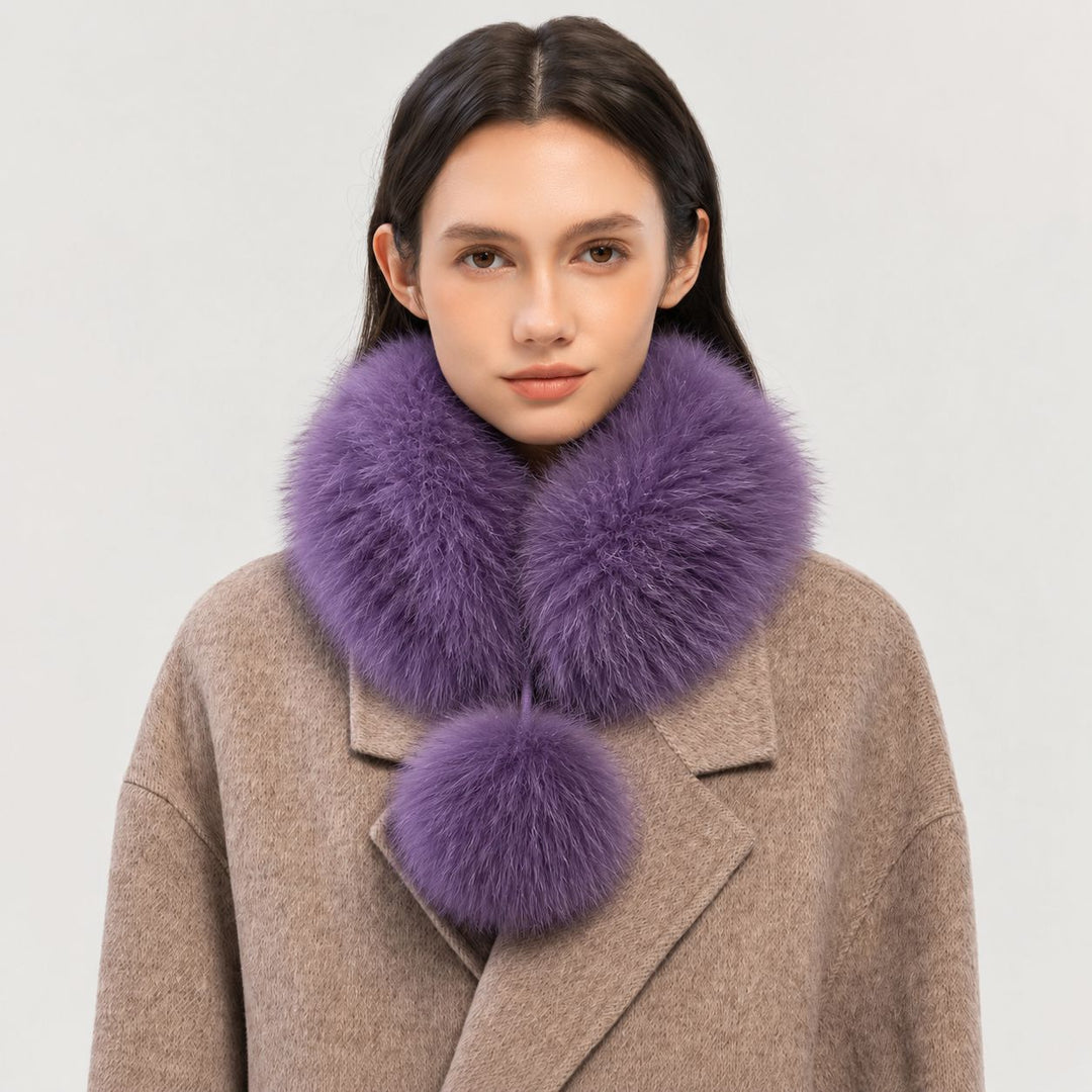 Women’s Real Fox Fur Scarf with Pom-Pom Genuine Fur Collar Neck Warmer
