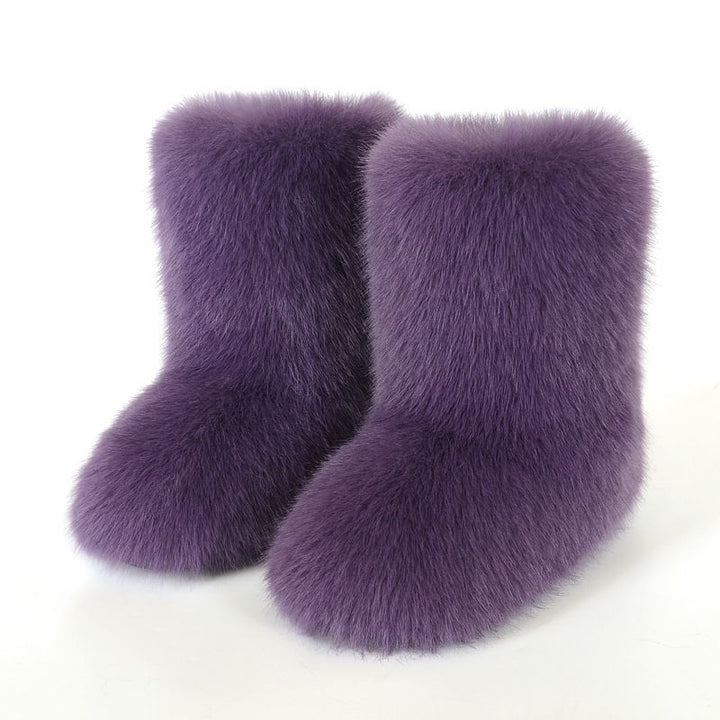 Faux Fox Fur Snow Boots for Women Winter Furry Cozy Slip-On Ankle Fur Boots
