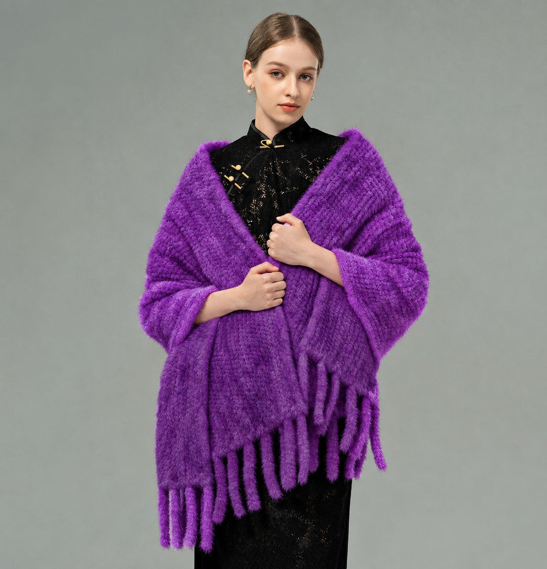 Genuine Mink Fur Shawl Wrap Elegant Fur Stole Cape Scarf with Fringe